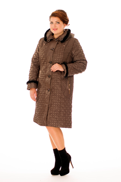 Женское пальто из текстиля с капюшоном, отделка норка 8010216