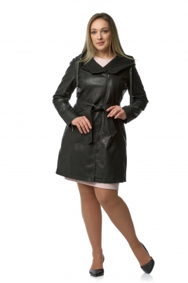 Черное женское кожаное пальто из эко-кожи с капюшоном